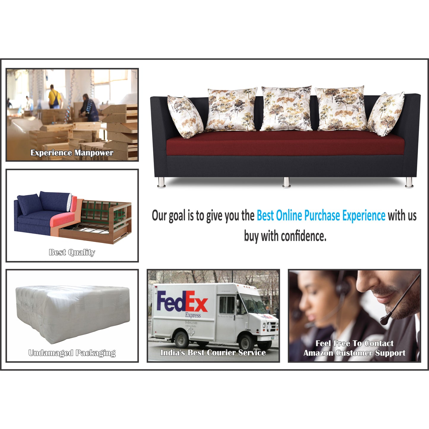 Adorn India Exclusive Two Tone Alica Three Seater Sofa (Maroon & Black)