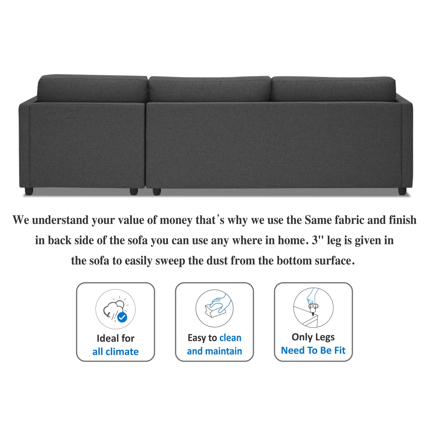 Adorn India Alexander L Shape 7 Seater Sofa Set with Ottoman Puffy RHS (Dark Grey) (3 Year Warranty)