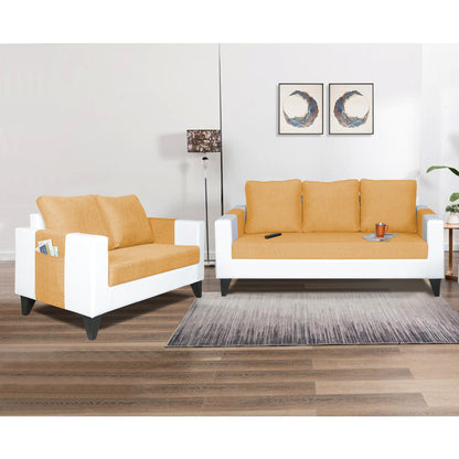 Adorn India Ashley Plain Leatherette Fabric 3-2 Five Seater Sofa Set (Beige & White) (3 Year Warranty)