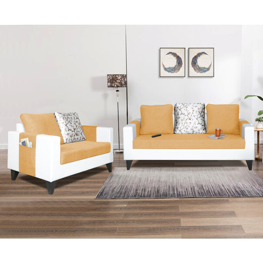Adorn India Ashley Digitel Print Leatherette Fabric 3-2 Five Seater Sofa Set (Beige & White) (3 Year Warranty)