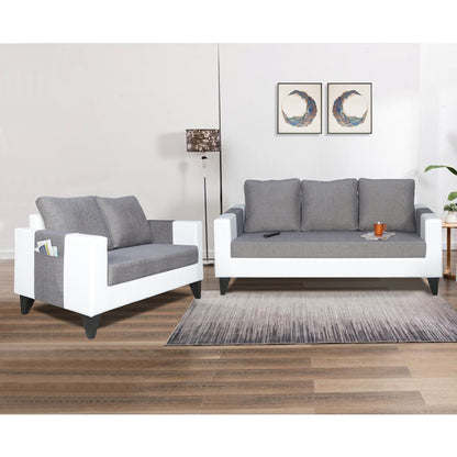 Adorn India Ashley Plain Leatherette Fabric 3-2 Five Seater Sofa Set (Grey & White) (3 Year Warranty)
