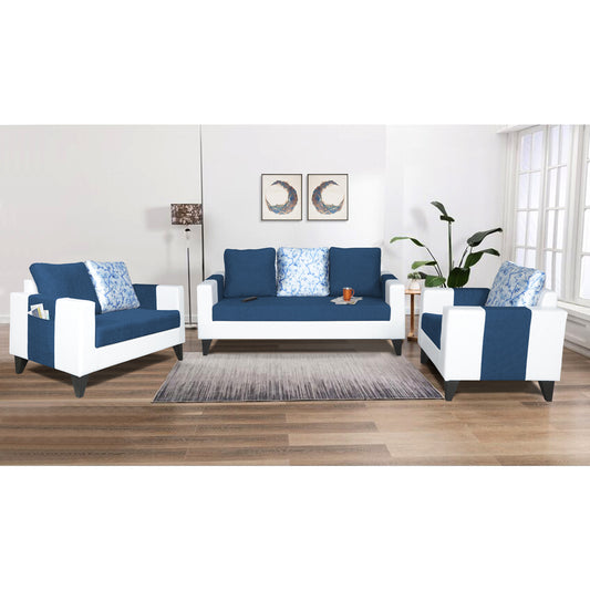 Adorn India Ashley Digitel Print Leatherette Fabric 3-2-1 Six Seater Sofa Set (Blue & White) (3 Year Warranty)