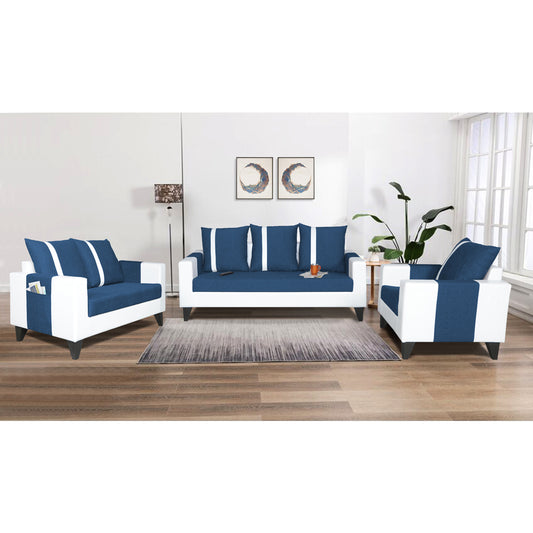 Adorn India Ashley Stripes Leatherette Fabric 3-2-1 Six Seater Sofa Set (Blue & White) (3 Year Warranty)