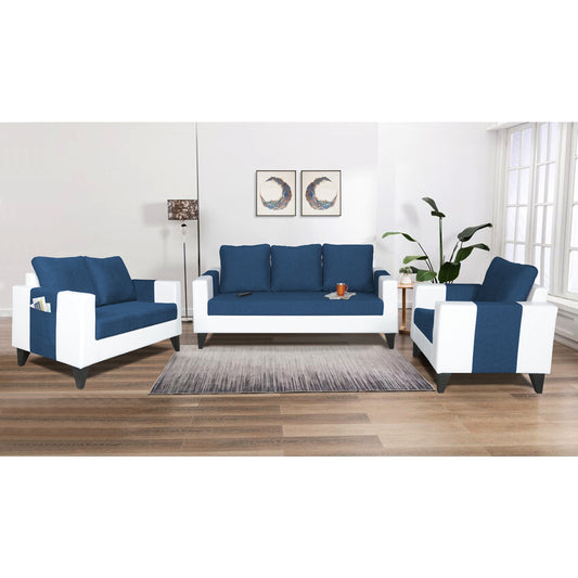Adorn India Ashley Plain Leatherette Fabric 3-2-1 Six Seater Sofa Set (Blue & White) (3 Year Warranty)