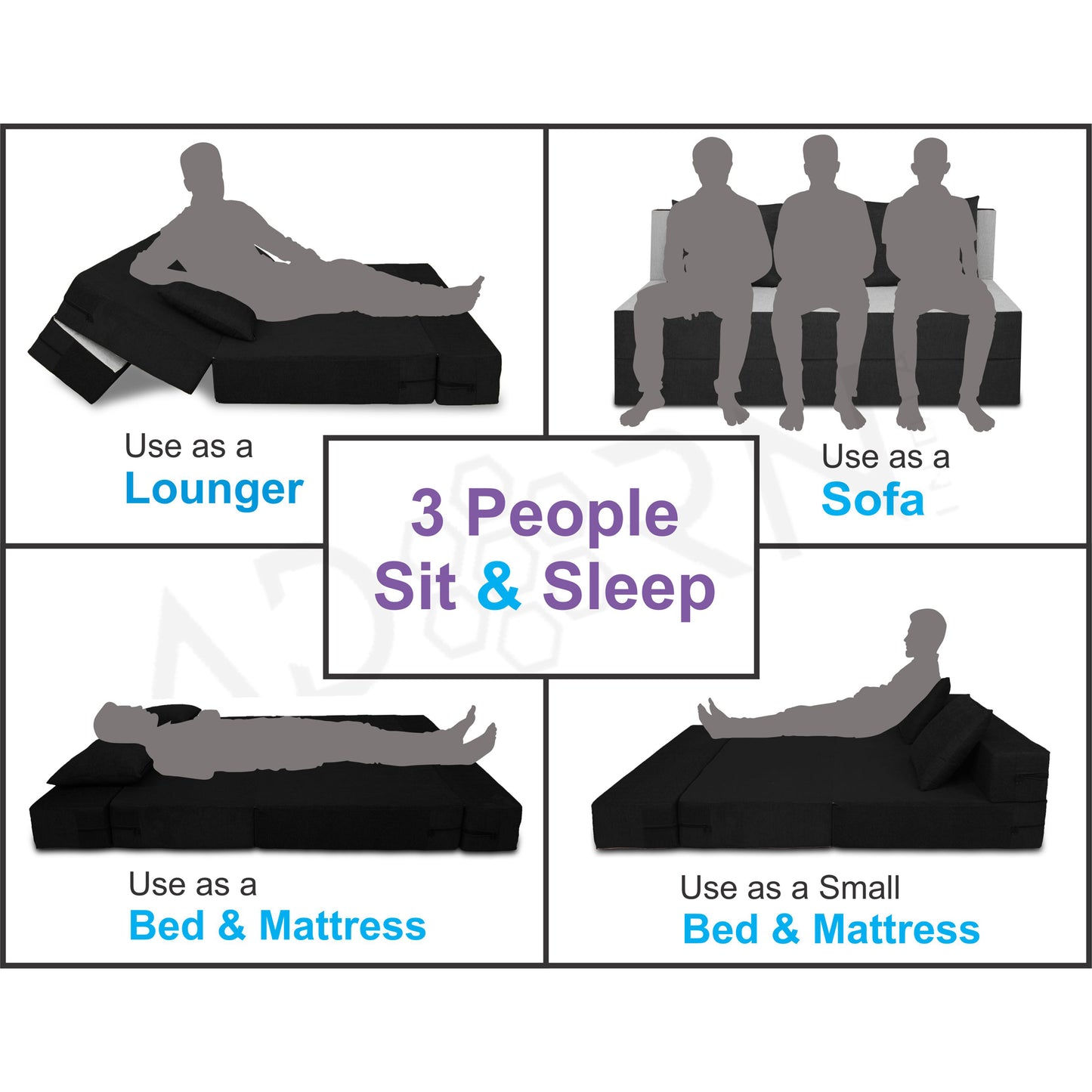 Adorn India Easy 3 Seater Sofa Cum Bed (Black & Grey) (5x6) (3 Year Warranty)