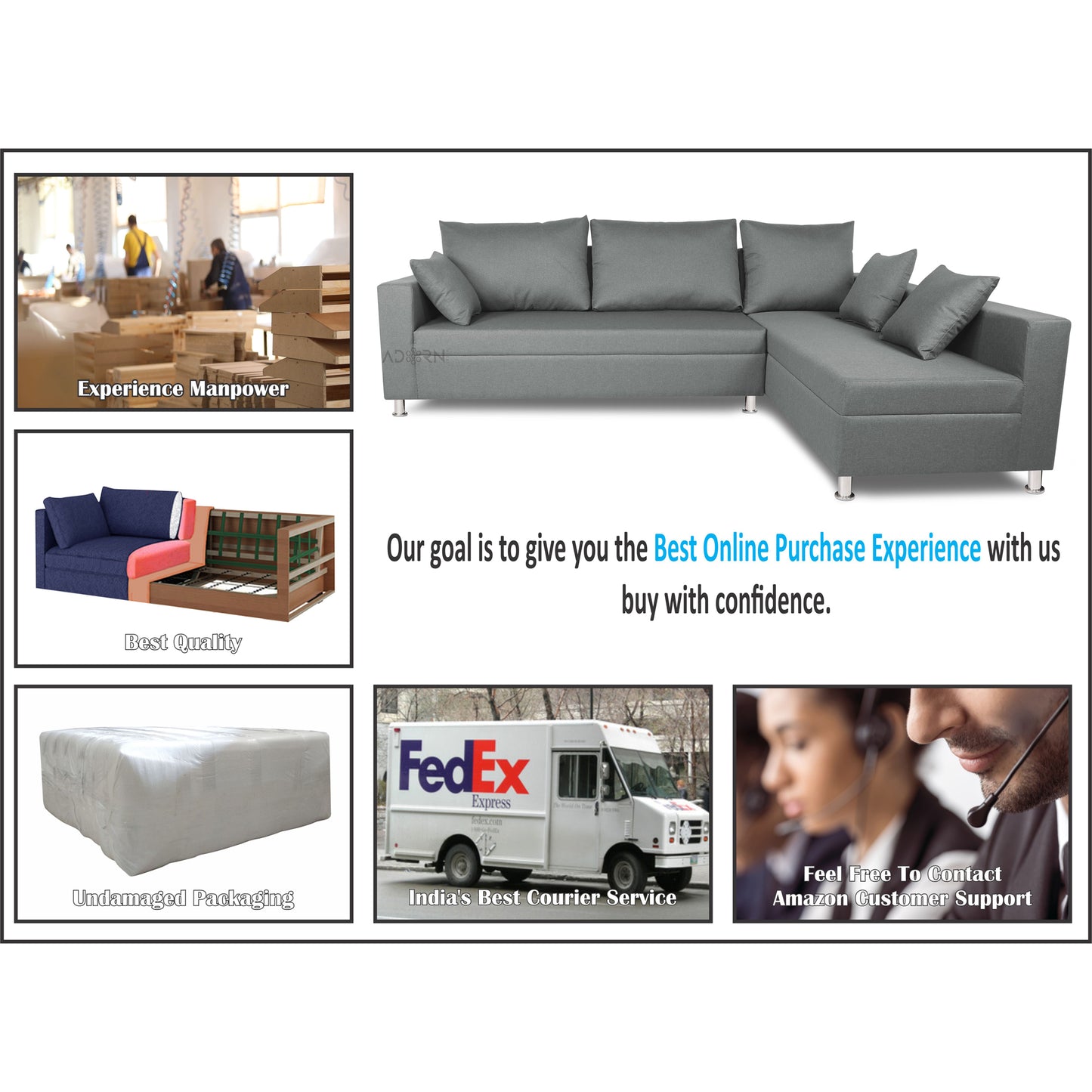 Adorn India Straight line L Shape Sofa (Light Grey)