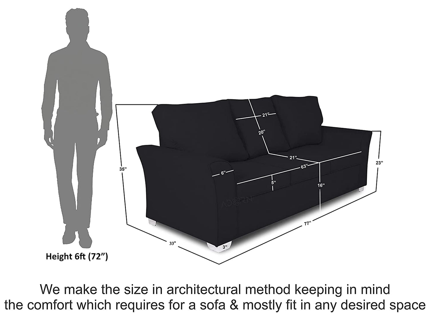 Adorn India Alexia 3 Seater Sofa(Black), Wood, Foam