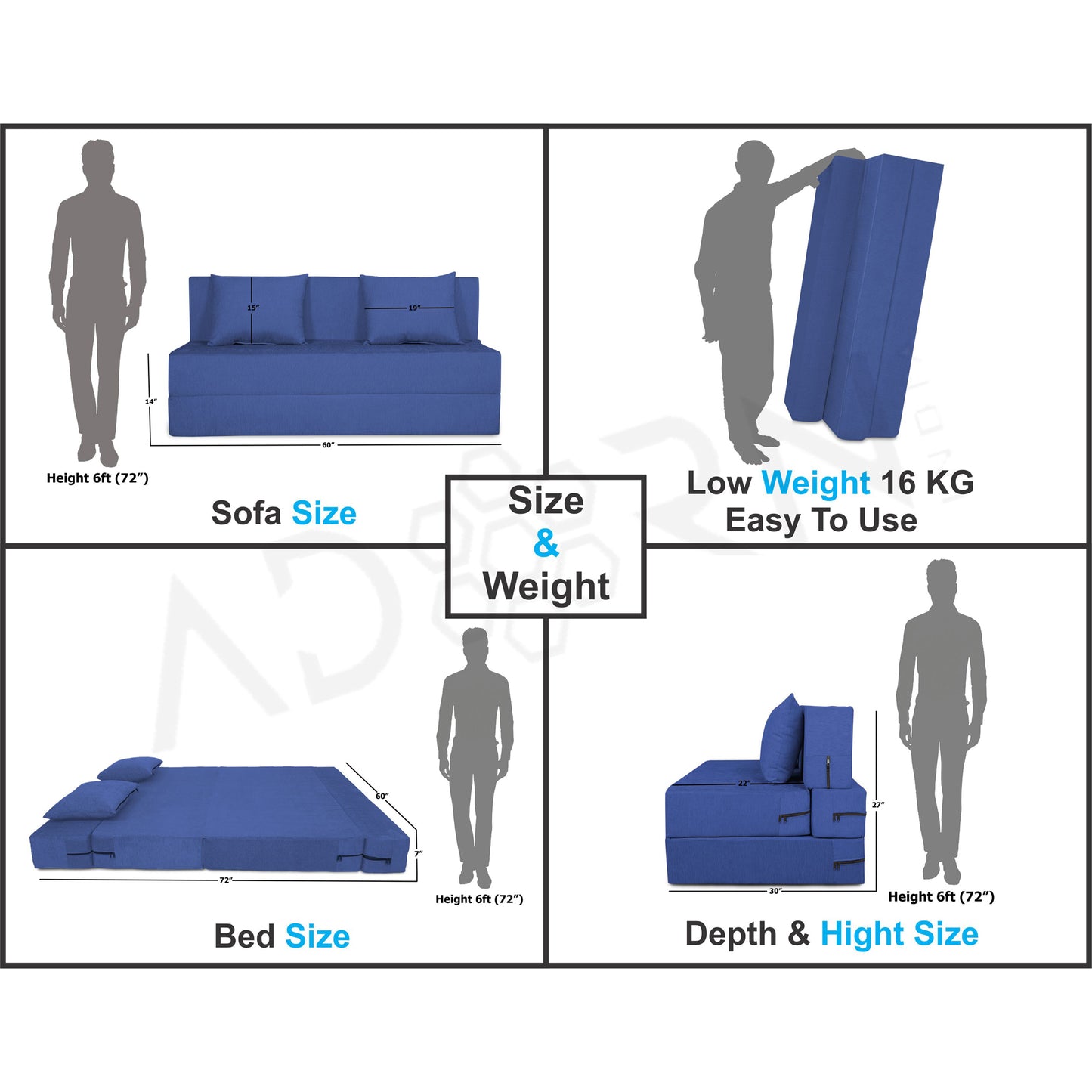 Adorn India Easy Three Seater Sofa Cum Bed Alyn 5'x 6' (Dark Blue)(1 Year Warranty)