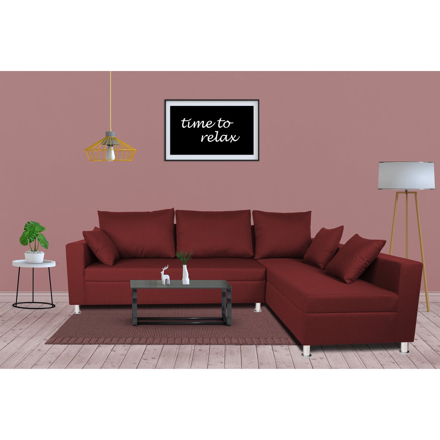 Adorn India Straight line 6 seater L Shape Sofa set (Maroon)