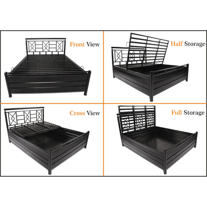 Adorn India Metal Box Spring Queen Bed with Storage-(Matte_Black)