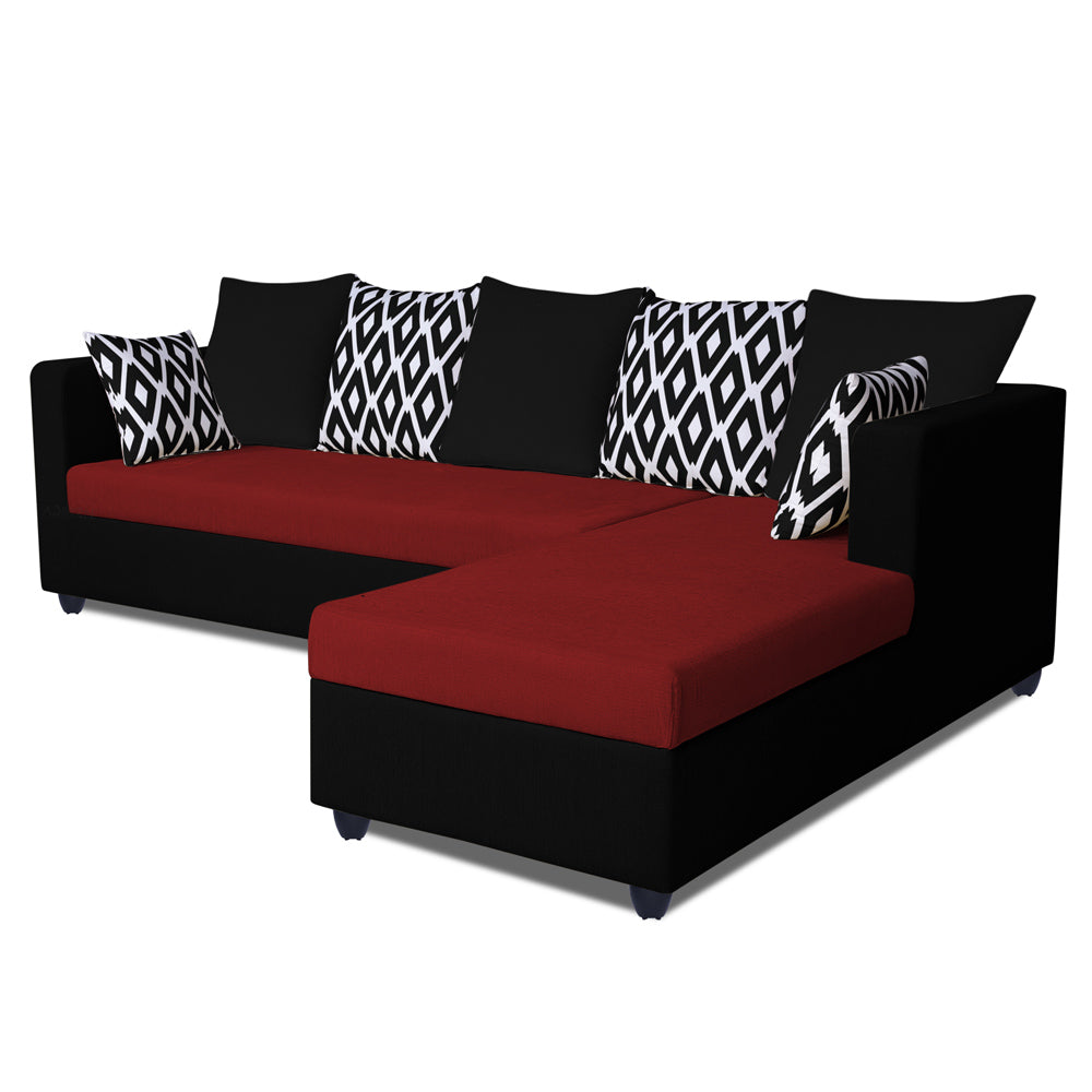 Adorn India Zink Straight line L Shape 5 Seater Sofa Rhombus Cushion(Maroon & Black), Wood, Foam