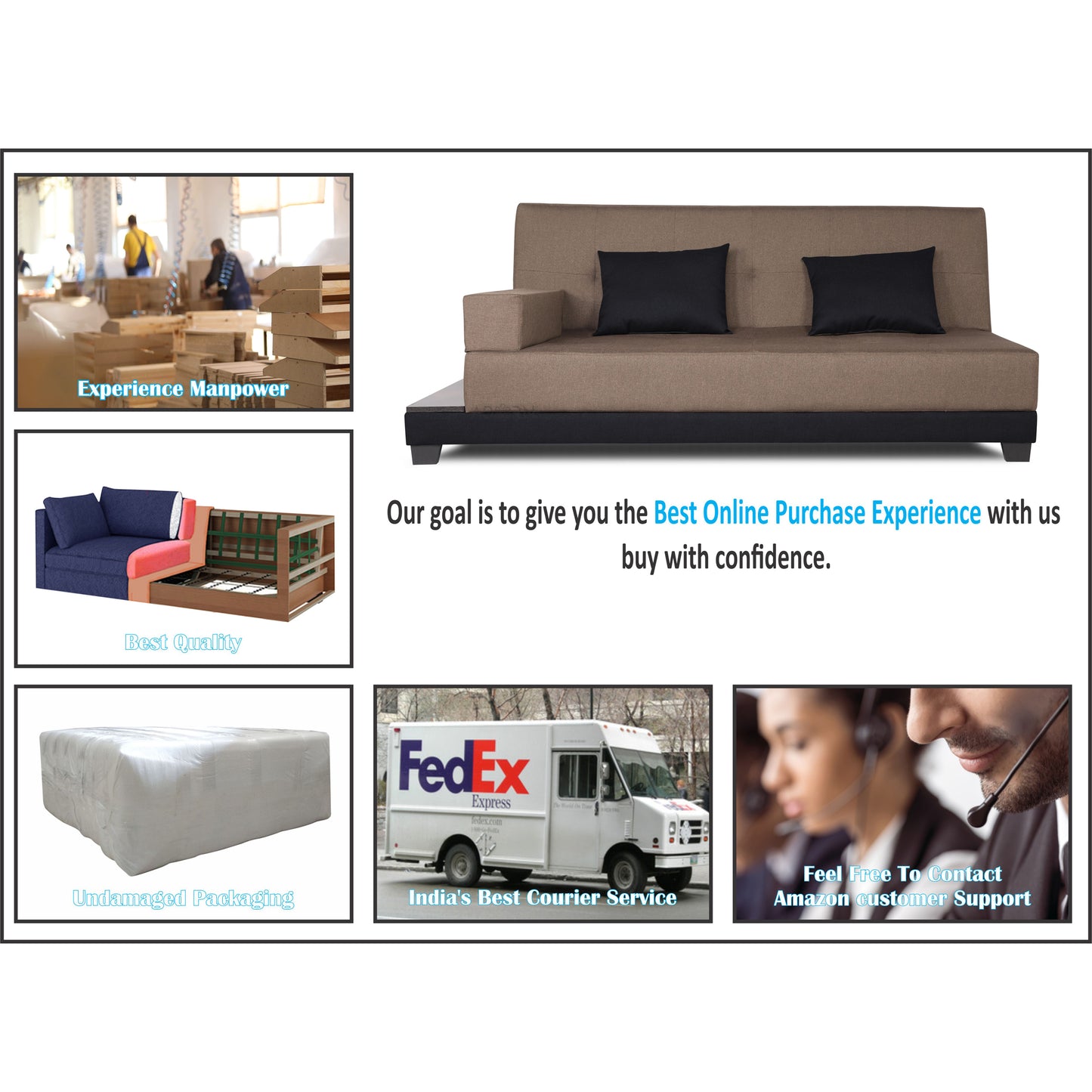 Adorn India Exclusive Two Tone Blake Three Seater Sofa Cum Bed (Camel & Black), Wood, Foam