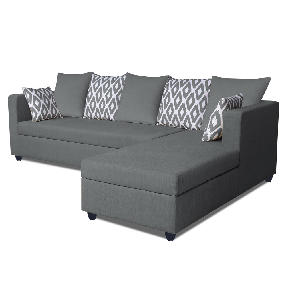 Adorn India Zink Straight Line L Shape 6 Seater Sofa Set Rhombus Cushion (Right Hand Side) (Grey)