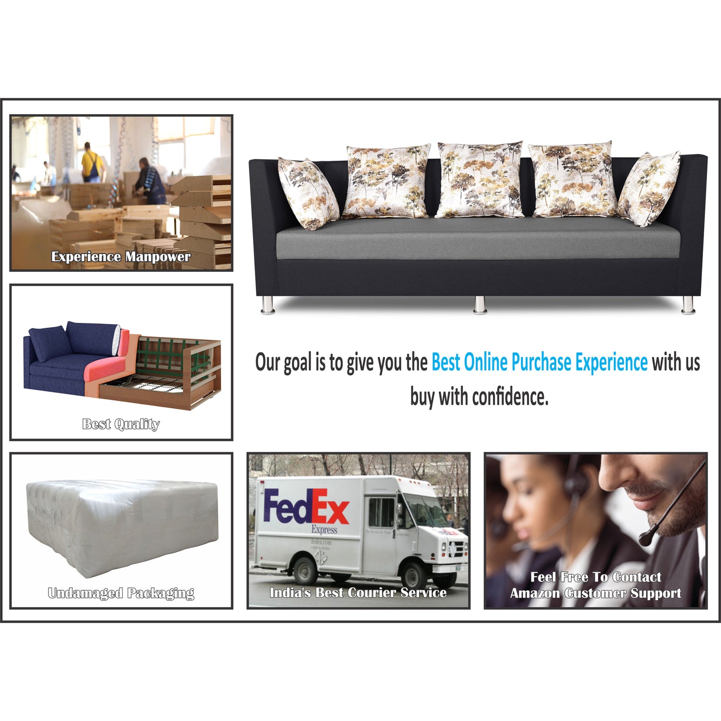 Adorn India Exclusive Two Tone Alica 3-1-1 Five Seater Sofa Set (Wood & Fabric, Light Grey & Black)