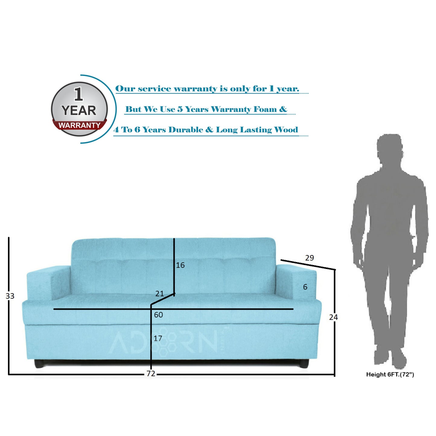 Adorn India Aleena 3 Seater Sofa(Light Blue)