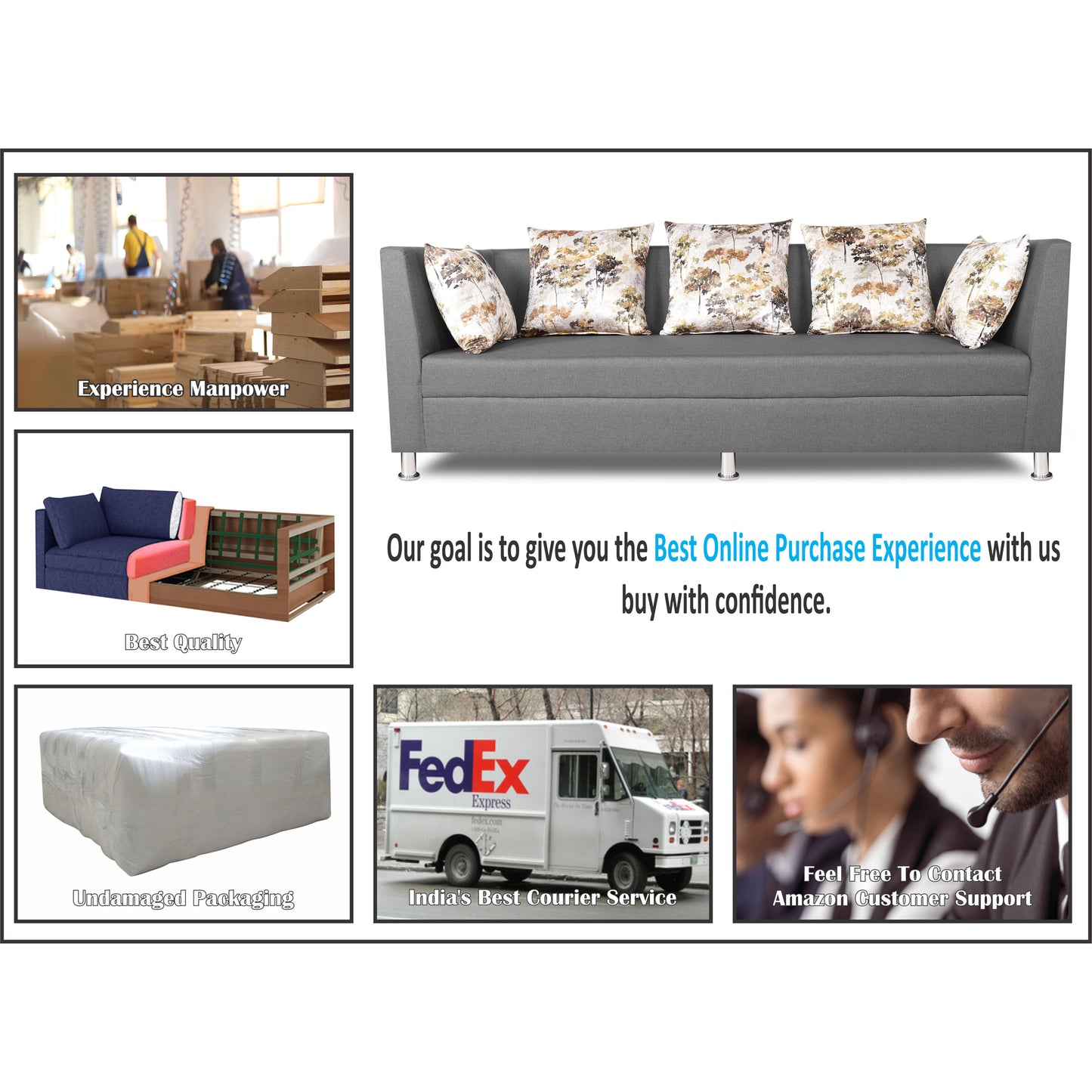 Adorn India Alica 3 Seater Sofa (Light Grey), Wood, Foam