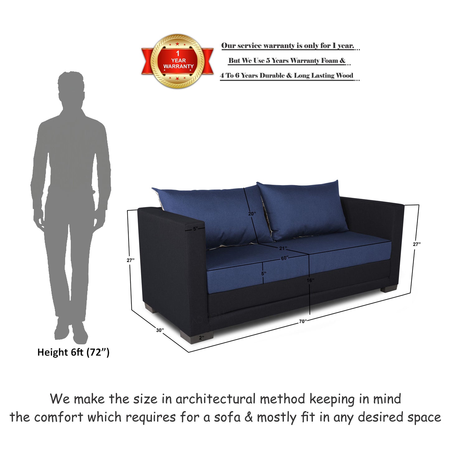 Adorn India Exclusive Two Tone Straight Line Three Seater Sofa Cum Bed (Blue & Black)