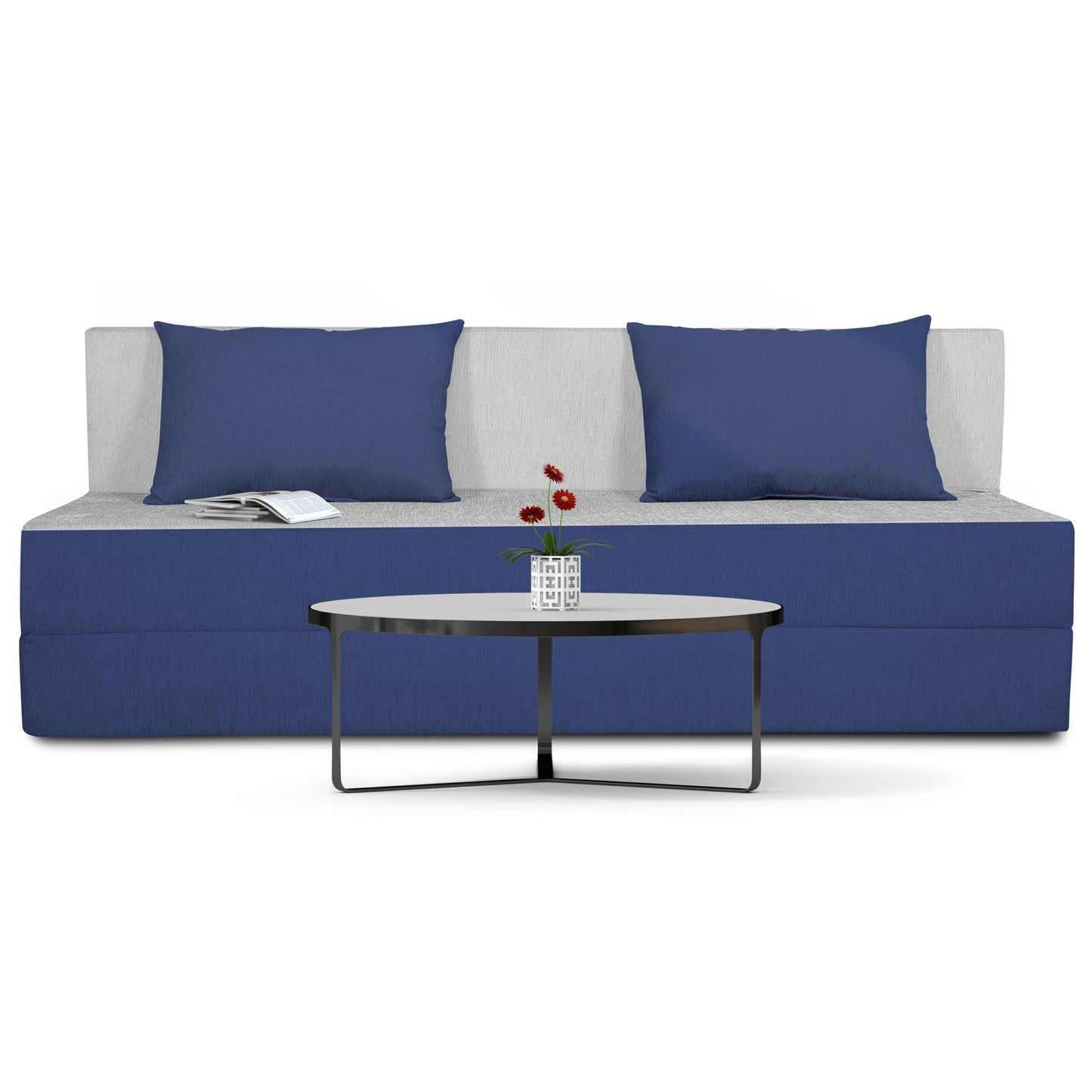 Adorn India Easy 4 Seater Sofa Cum Bed (2 Years Warrenty Quality Foam)-Perfect for Seat & Sleep Washeble Polyster Fabric Cover (Blue & Grey) 6'x6'.Pillows Free (1 Year Warranty)