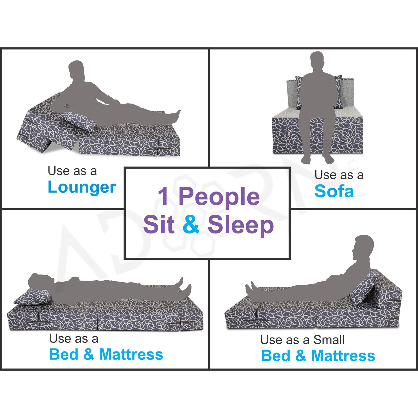 Adorn India Easy Single Seater Sofa Cum Bed Poly Cotton 3'X6' (Blue and Grey)