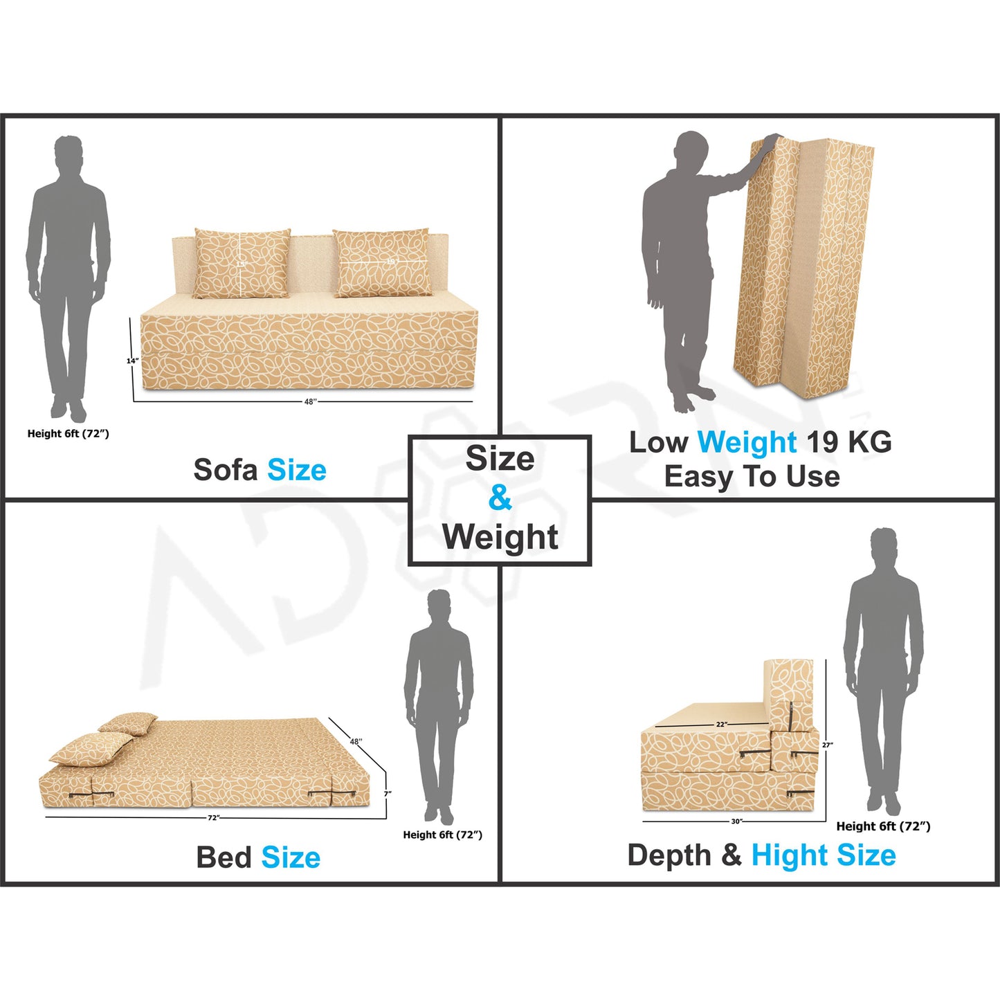 Adorn India Easy Two Seater Sofa Cum Bed Poly Cotton 4'X6' (Beige)