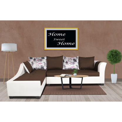 Adorn India Aliana L Shape Leatherette Fabric 6 Seater Sofa Set LHS (Brown & White) (3 Year Warranty)