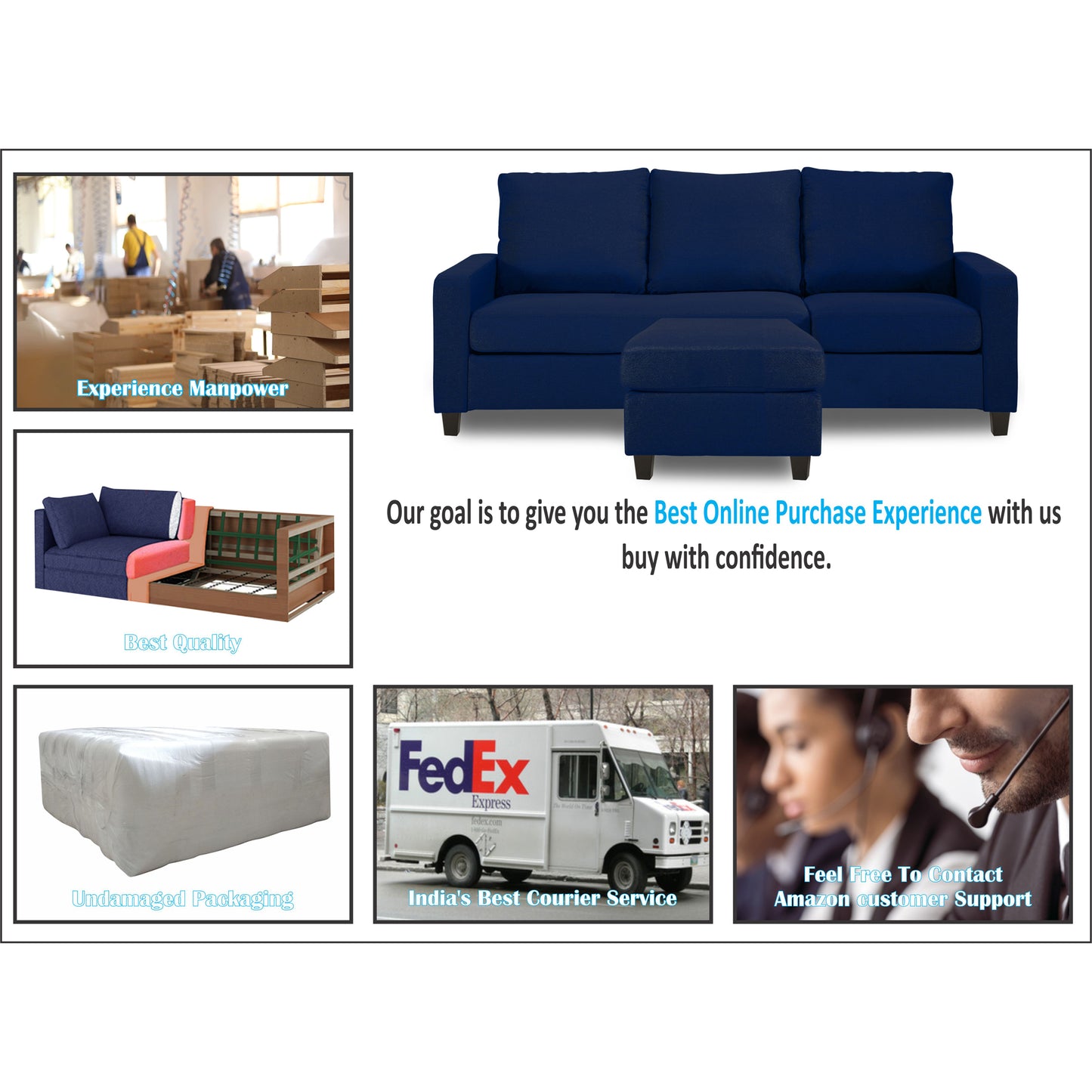 Adorn India Daffodil Three Seater Modular Sofa (Blue), Wood, Foam