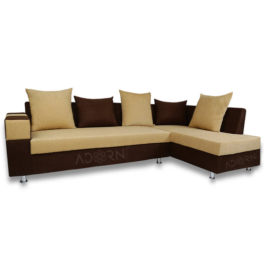 Adorn India Adillac 5 Seater Corner Sofa(Right Side)(Brown & Beige), Wood, Foam