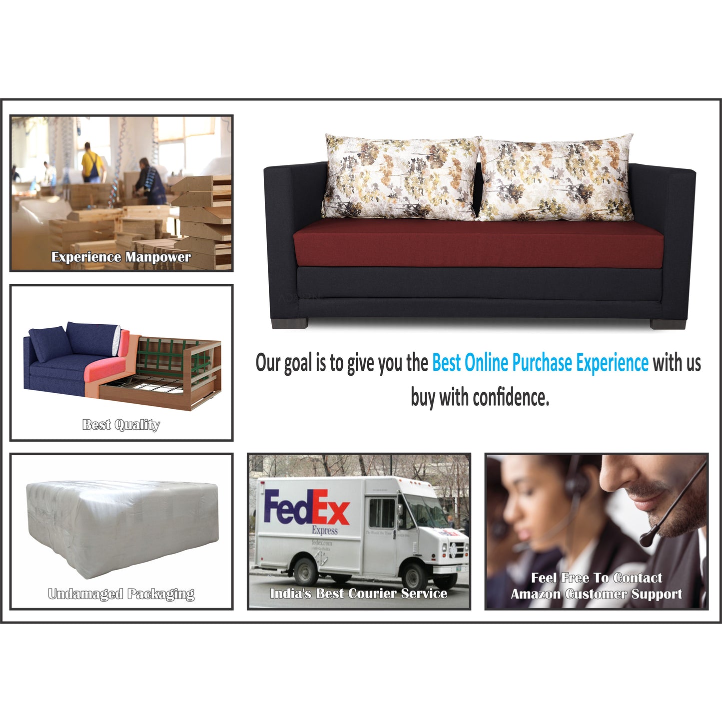 Adorn India Exclusive Two Tone Straight Line Three Seater Sofa Cum Bed (Maroon & Black), Wood, Foam