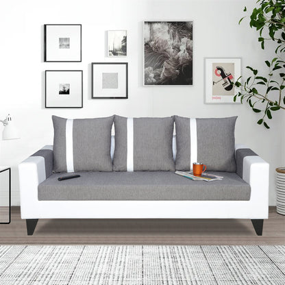 Adorn India Ashley Stripes Leatherette Fabric 3 Seater Sofa (Grey & White) (3 Year Warranty)