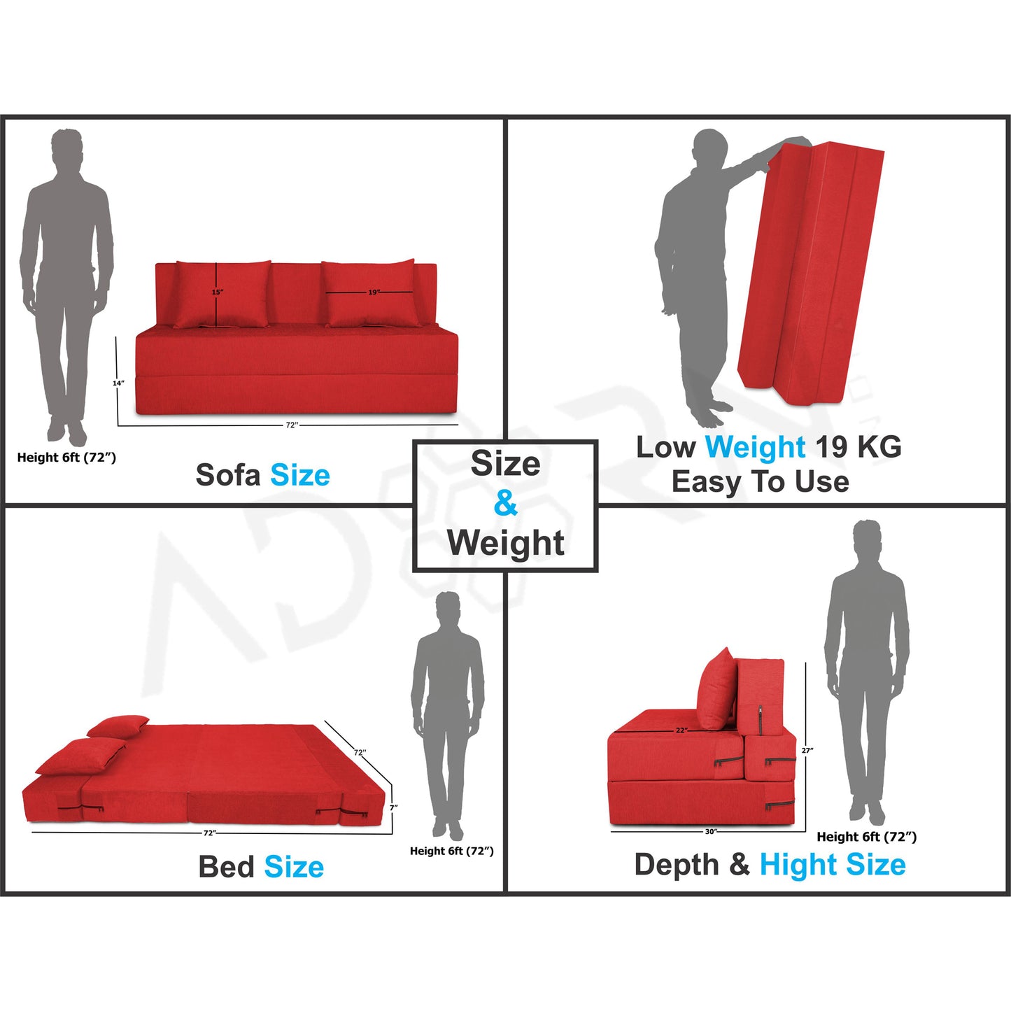 Adorn India Easy 3 Seater Sofa Cum Bed Alyn 6'x 6' (Red) (1 Year Warranty)