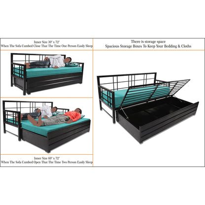 Adorn India Polar Black Metal Three Seater Sofa Cum Bed with Storage (6 x 5) (Aqua Blue)