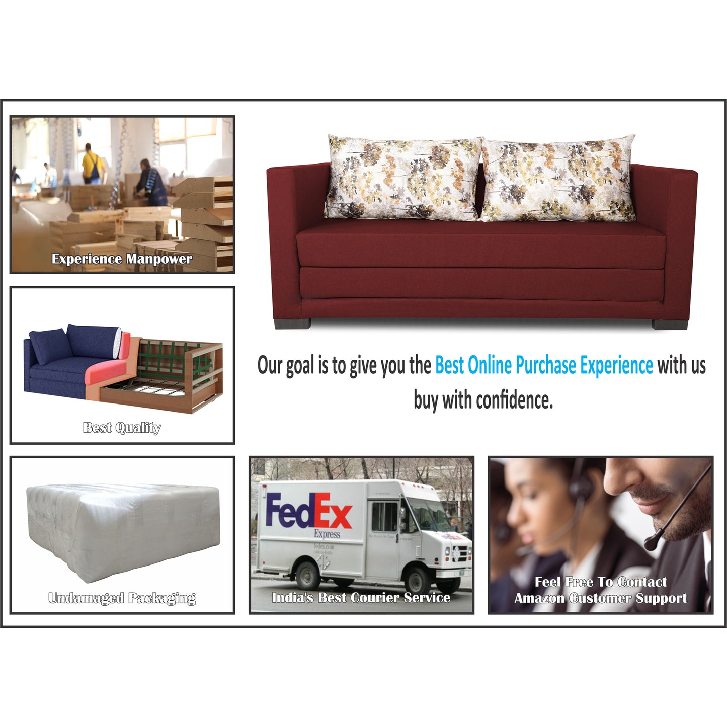 Adorn India Straight line 3 Seater Sofa Cum Bed (Maroon), Wood, Foam
