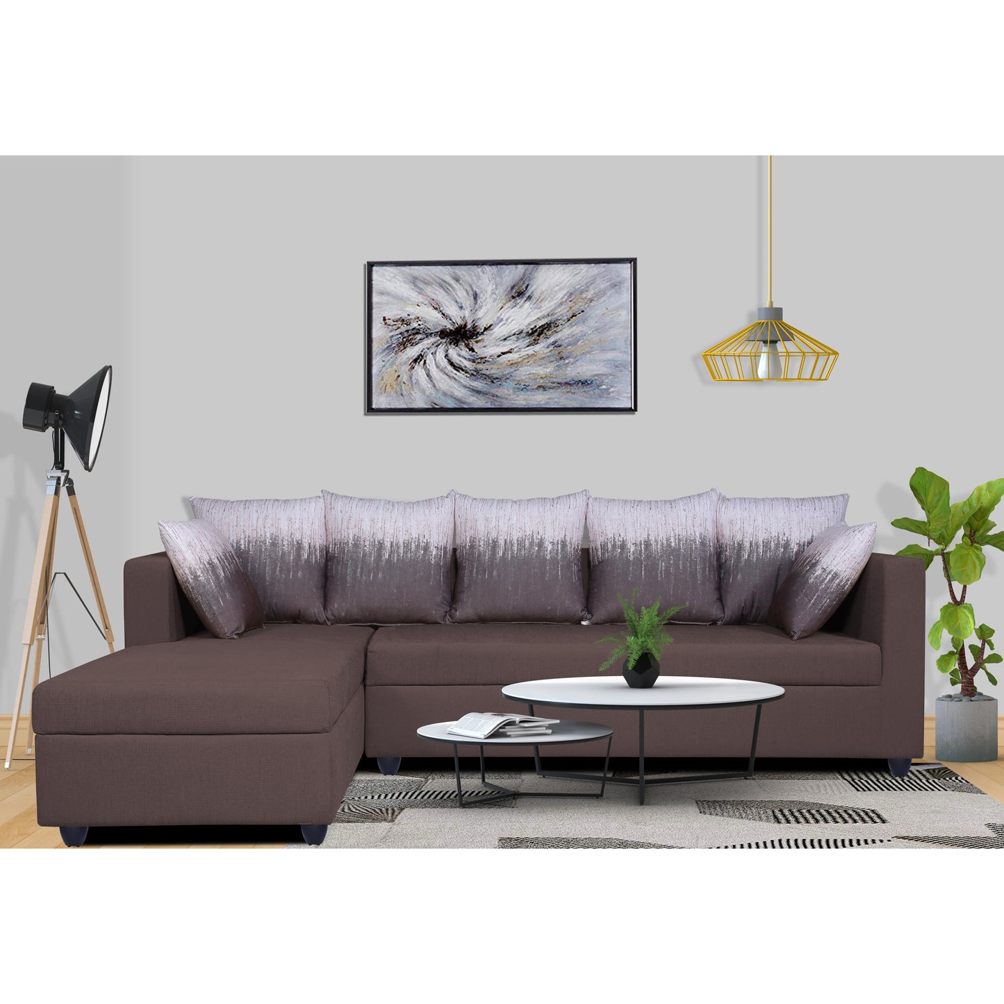 Adorn India Zink Straight line L Shape 6 Seater Sofa Wave Cushion (Left Side Handle)(Brown)