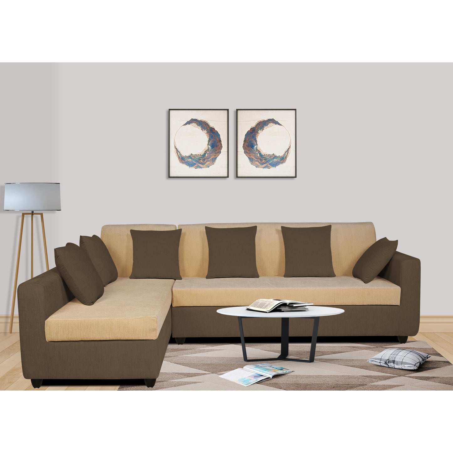 Adorn India Rio Decent L Shape 6 Seater Corner Sofa Set Left Side Handle (Brown and Beige) (3 Year Warranty)