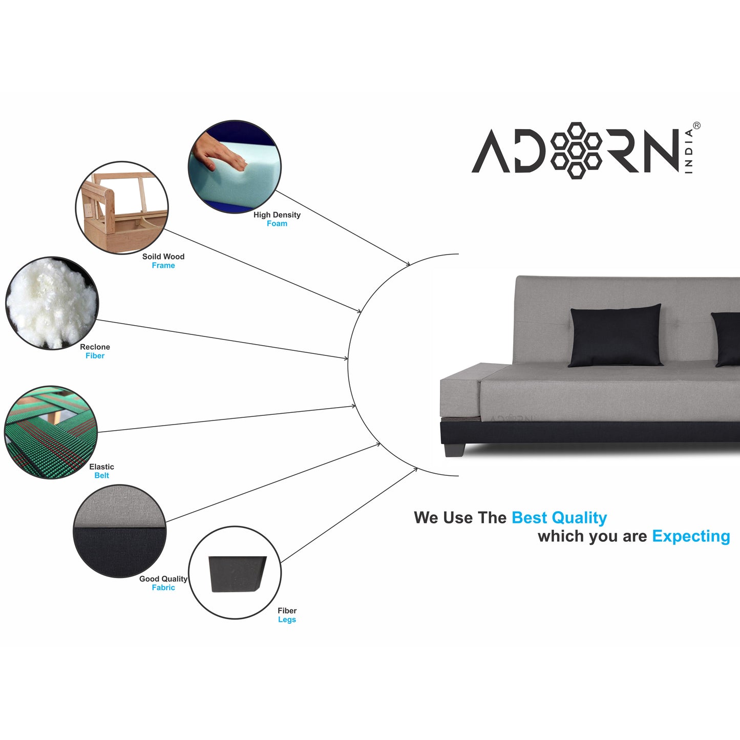 Adorn India Exclusive Two Tone Blake Three Seater Sofa Cum Bed (Light Grey & Black), Wood, Foam