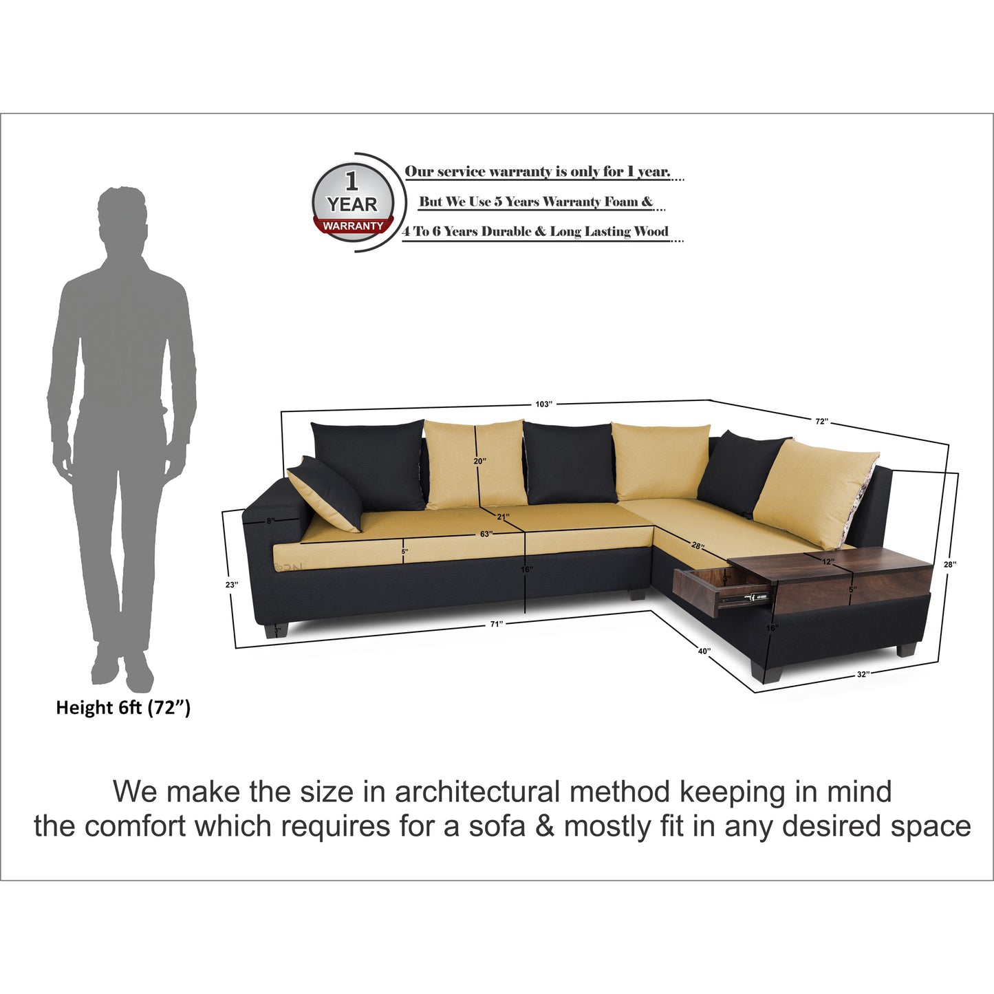 Adorn India Orlando Fabric L Shape 6 seater Sofa  set (Black & Beige)