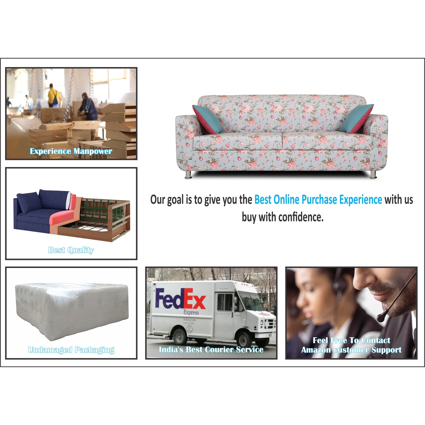 Adorn India Roselyn Digital Print 3+2 5 Seater Sofa Set (Blue)