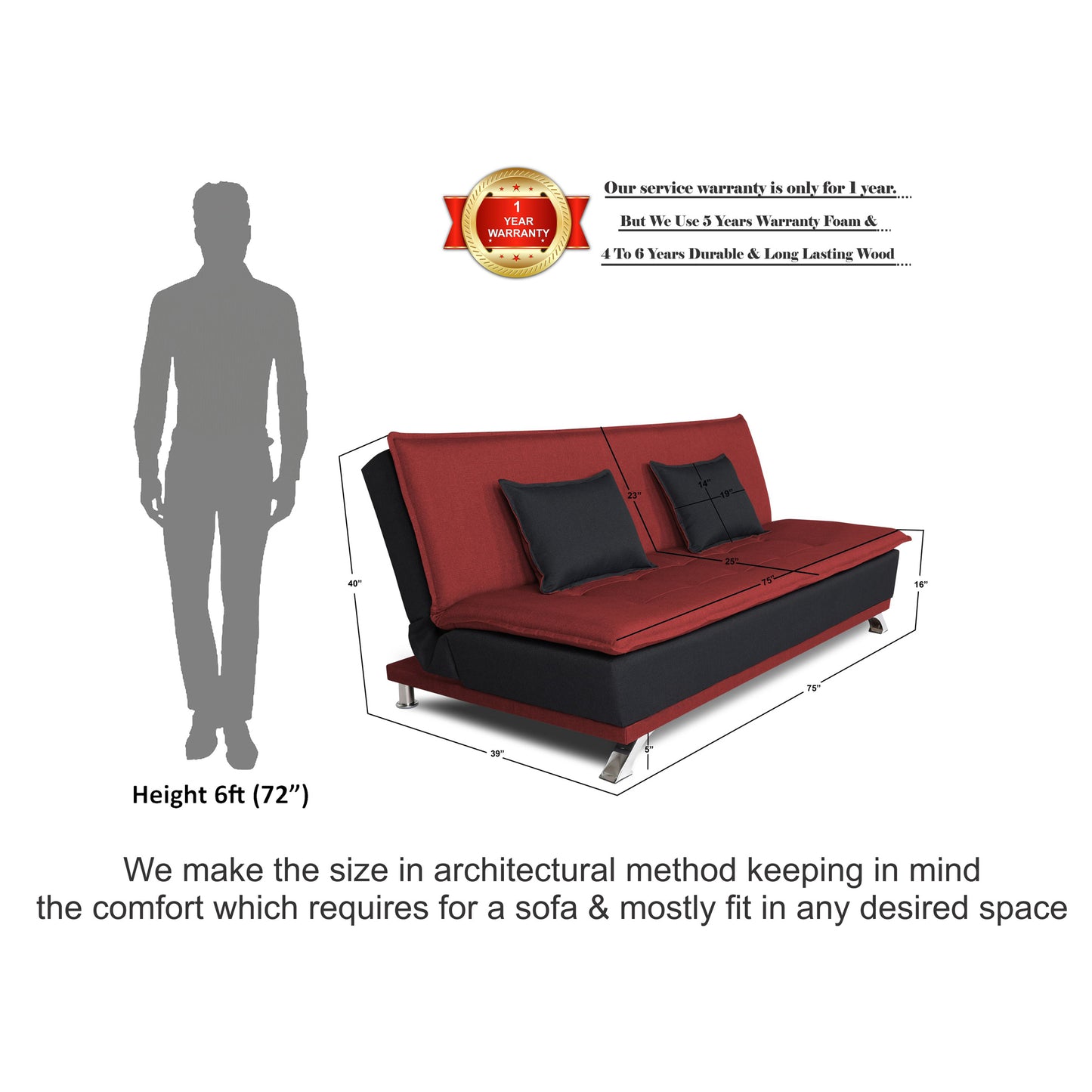 Adorn India Exclusive Two Tone Arden 4 Seater Sofa Cum Bed 4 x 6 (Maroon & Black) (3 Year Warranty)