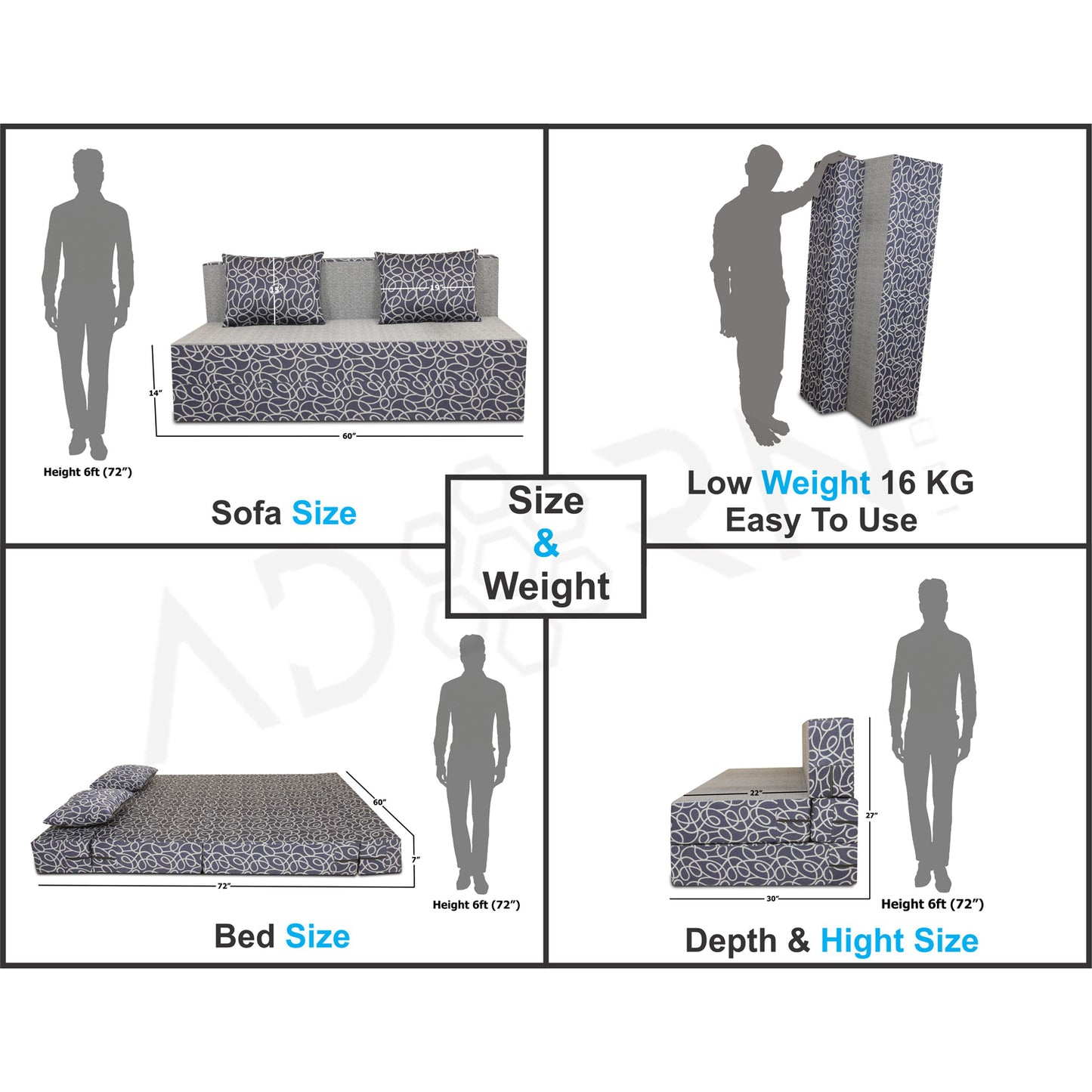 Adorn India Easy Three Seater Sofa Cum Bed Poly Cotton (Blue & Grey) 5'X6'
