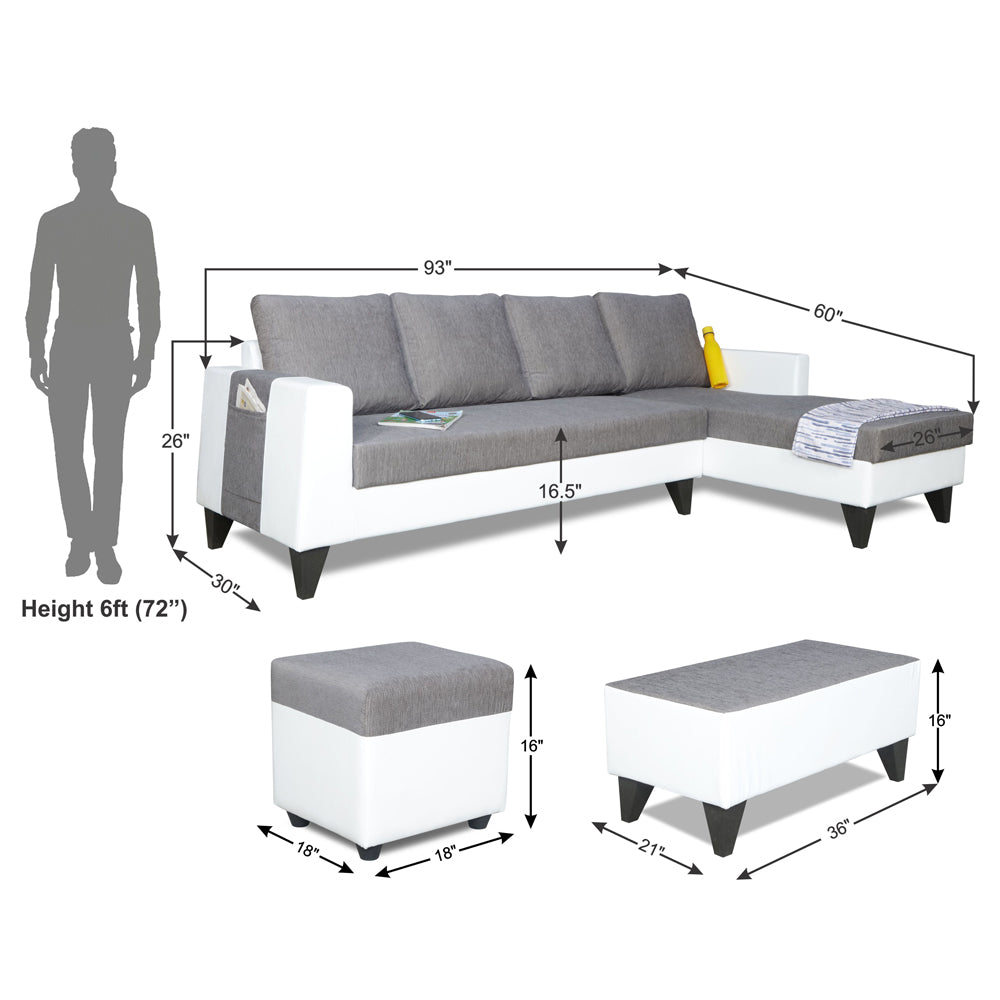 Adorn India Ashley Plain Leatherette Fabric L Shape 8 Seater Sofa Set with 2 Ottoman Puffy & Center Table RHS (Grey & White) (3 Year Warranty)