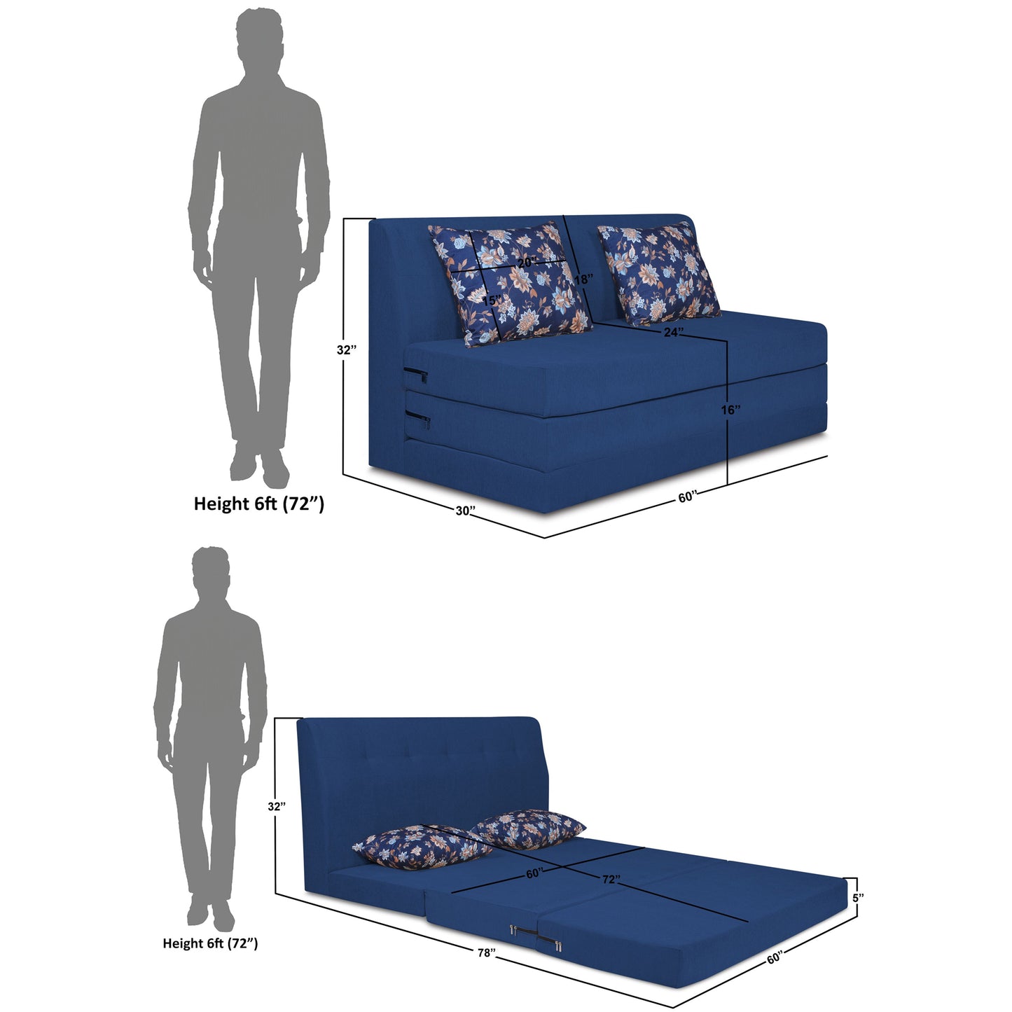 Adorn India Easy Highback Three Seater Sofa Cum Bed Floral 5' x 6' (Blue) (1 Year Warranty)
