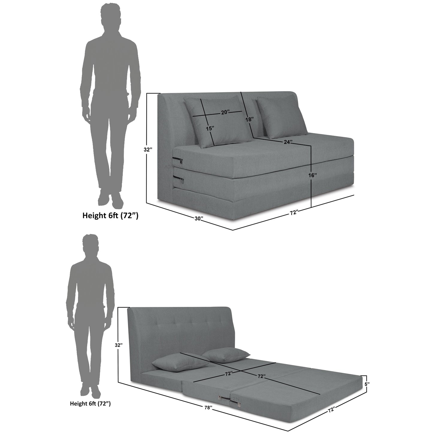 Adorn India Easy Highback 3 Seater Sofa Cum Bed Decent 6' x 6' (Grey) (1 Year Warranty)