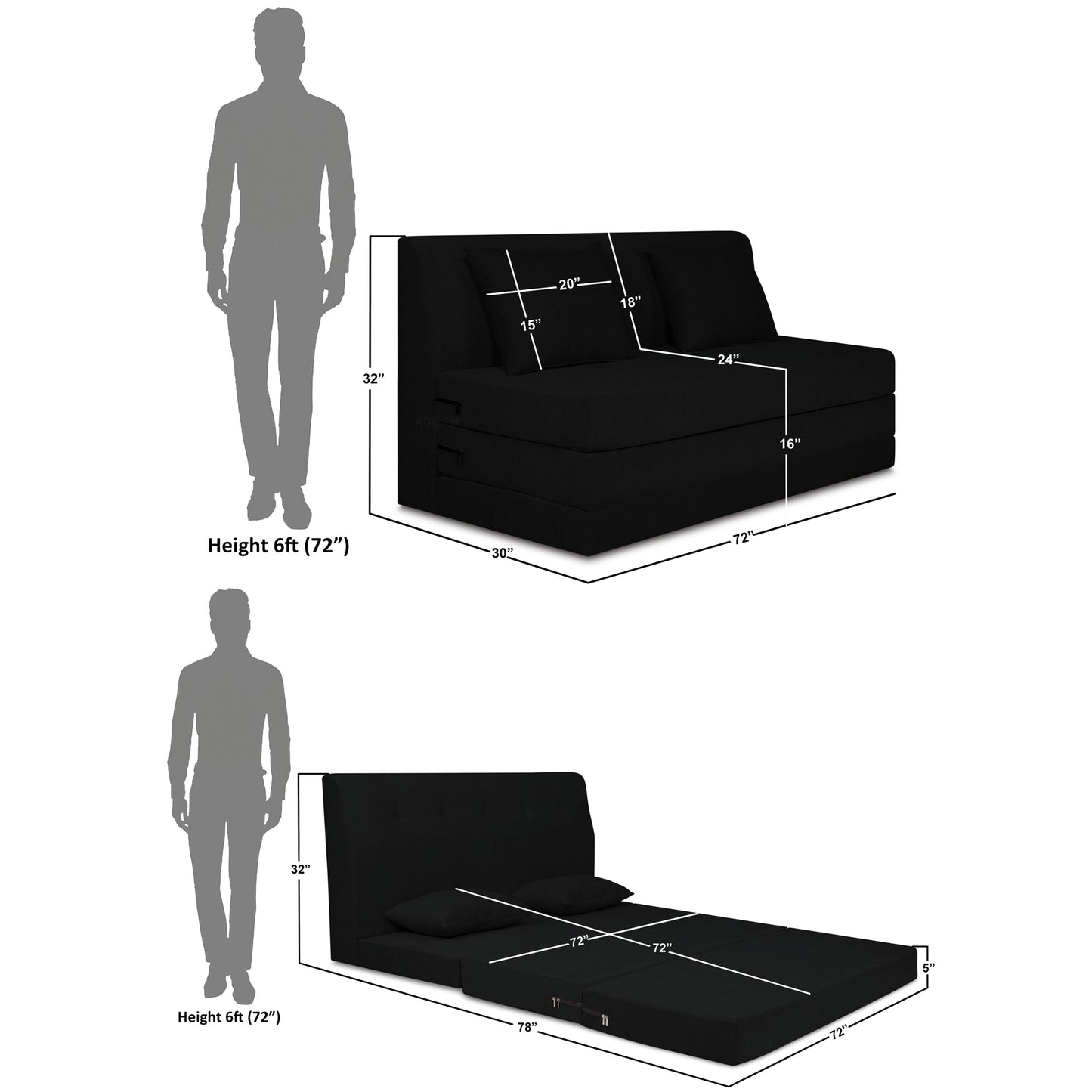 Adorn India Easy Highback Three Seater Sofa Cum Bed Decent 6' x 6' (Black) (1 Year Warranty)