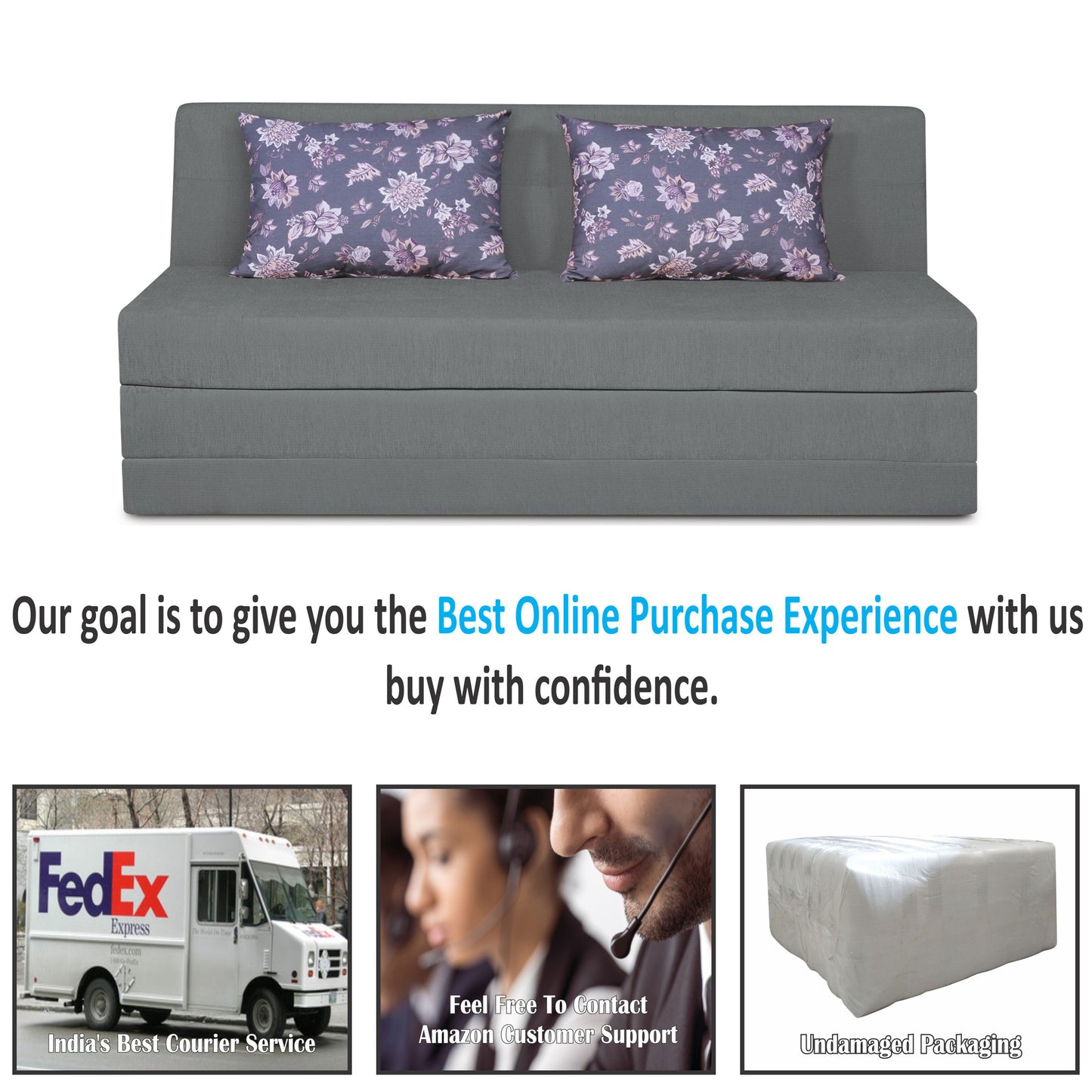 Adorn India Easy Highback Three Seater Sofa Cum Bed Floral 6' x 6' (Grey) (1 Year Warranty)