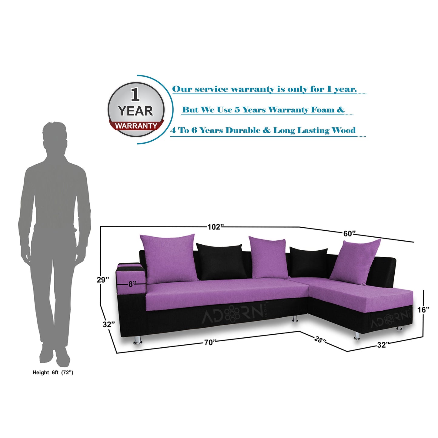 Adorn India Adillac 5 Seater Corner Sofa(Right Side)(Light Purple & Black)