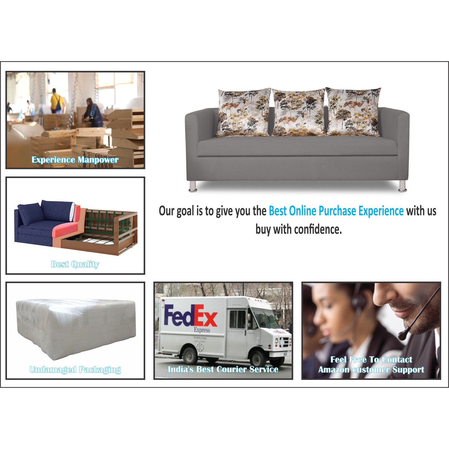 Adorn India Alita 3 Seater Compact Sofa (Light Grey)