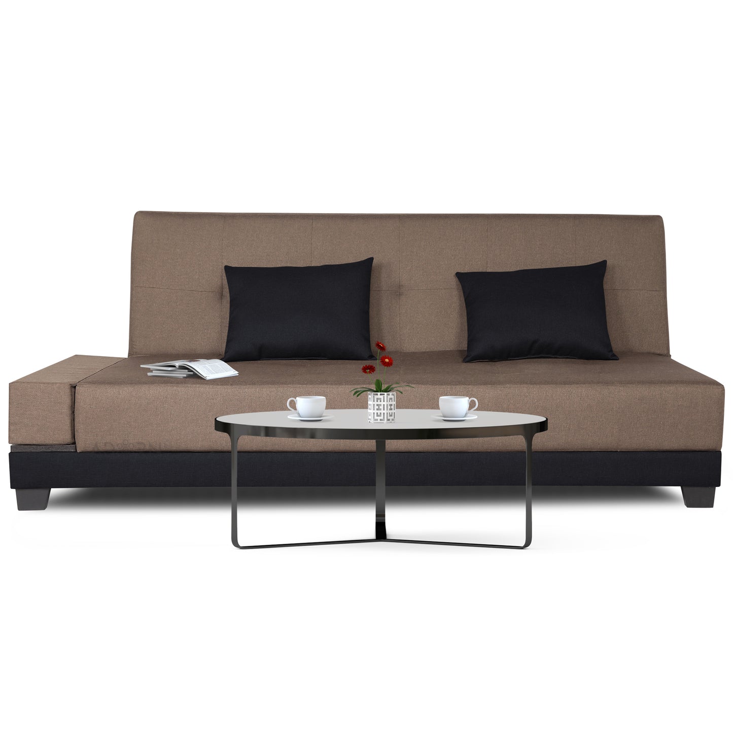 Adorn India Exclusive Two Tone Blake Three Seater Sofa Cum Bed (Camel & Black), Wood, Foam