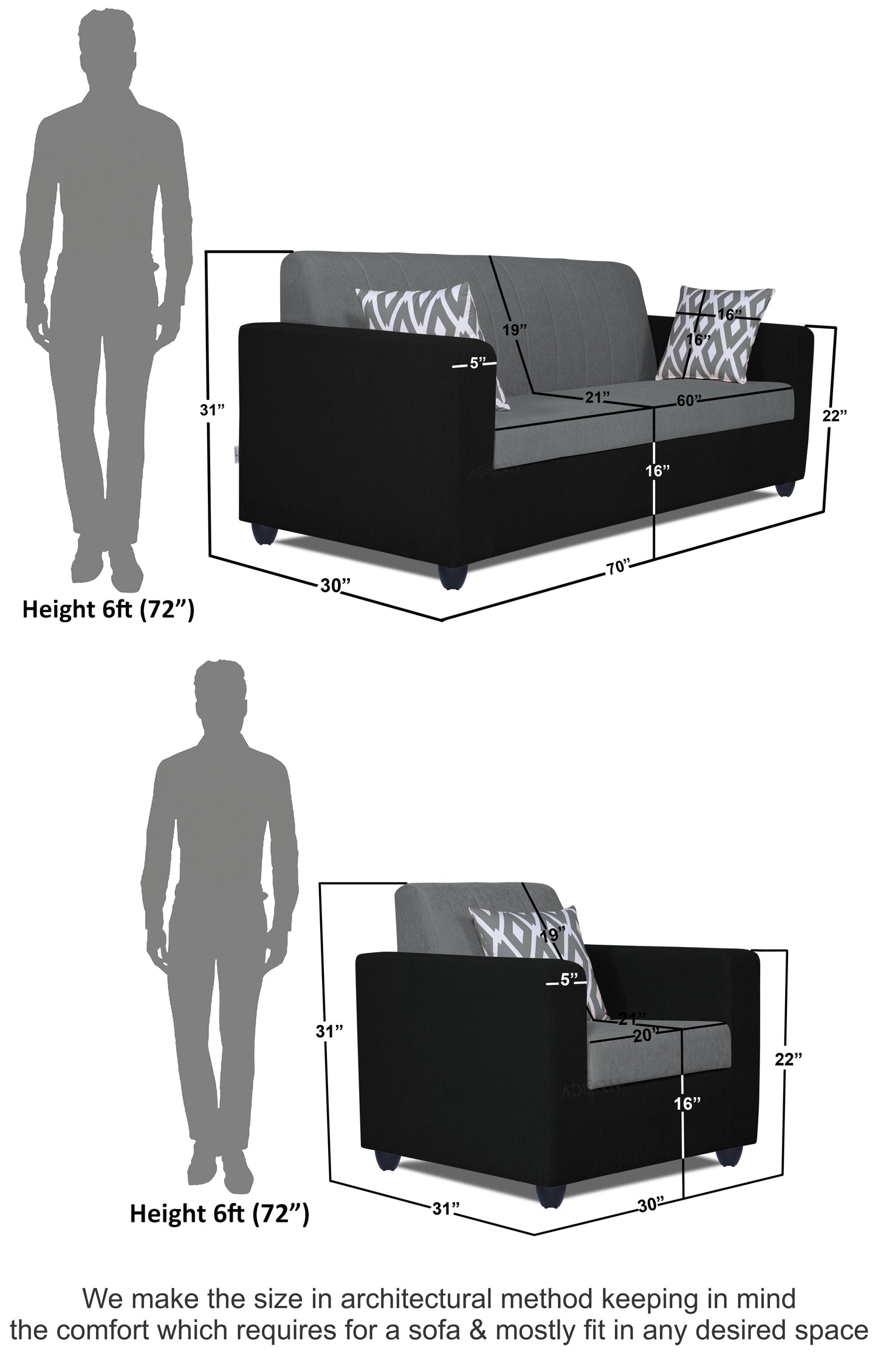 Adorn India Rio Highback 3-1-1 5 Seater Sofa Set (Black & Grey)