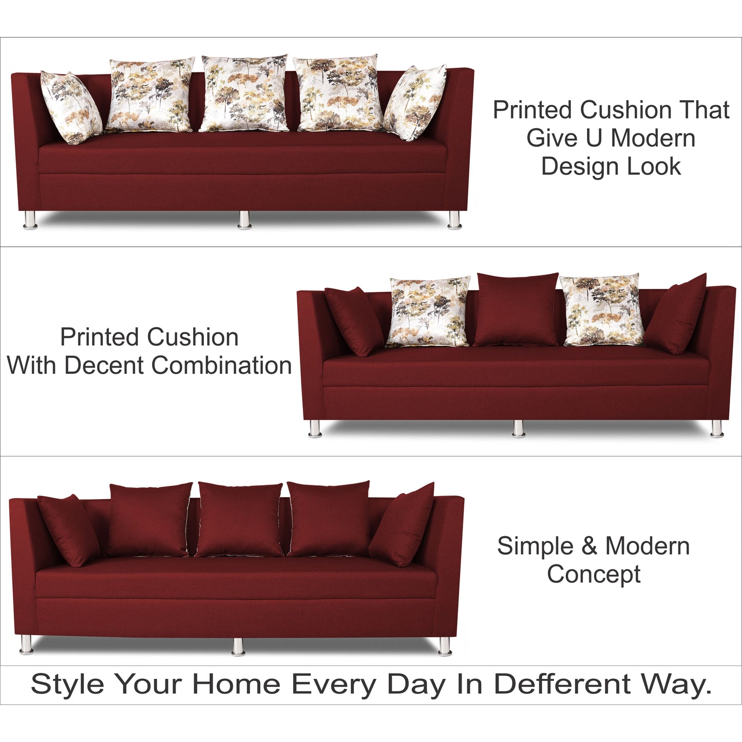 Adorn India Alica 3 Seater Sofa (Maroon), Wood, Foam