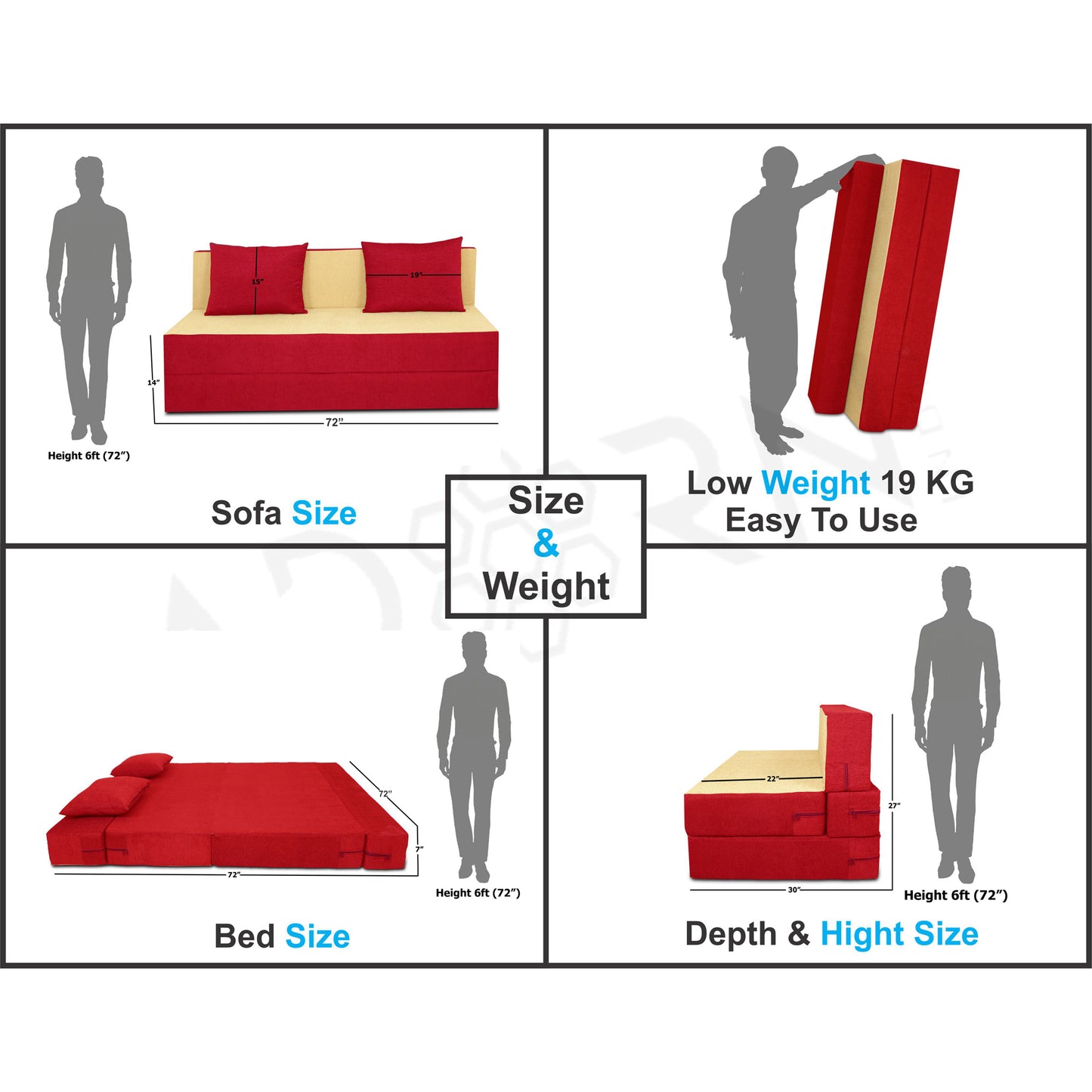 Adorn India Easy 4 Seater Sofa Cum Bed (2 Years Warrenty Quality Foam)-Perfect for Seat & Sleep Washeble Polyster Fabric Cover (Red & Beige) 6'x6'.Pillows Free (1 Year Warranty)